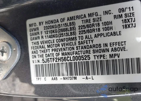 2012 Honda Crosstour Ex-L z USA, uszkodzony, nr VIN 5J6TF2H56CL000525